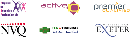 Logos for: Register of Exercise Professionals, Active IQ, Premier Qualified, NVQ, EFA + Training First Aid Qualified, University of Exeter